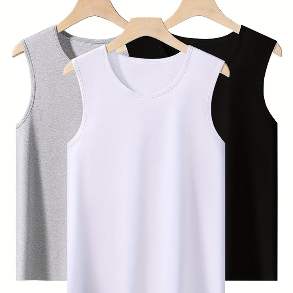 3pcs Quick Dry Men's Solid Sleeveless Sports Tank Top, Breathable Sweat-Wicking Round Neck Basic Style Fitness Gym Wear For Running Outdoor Training