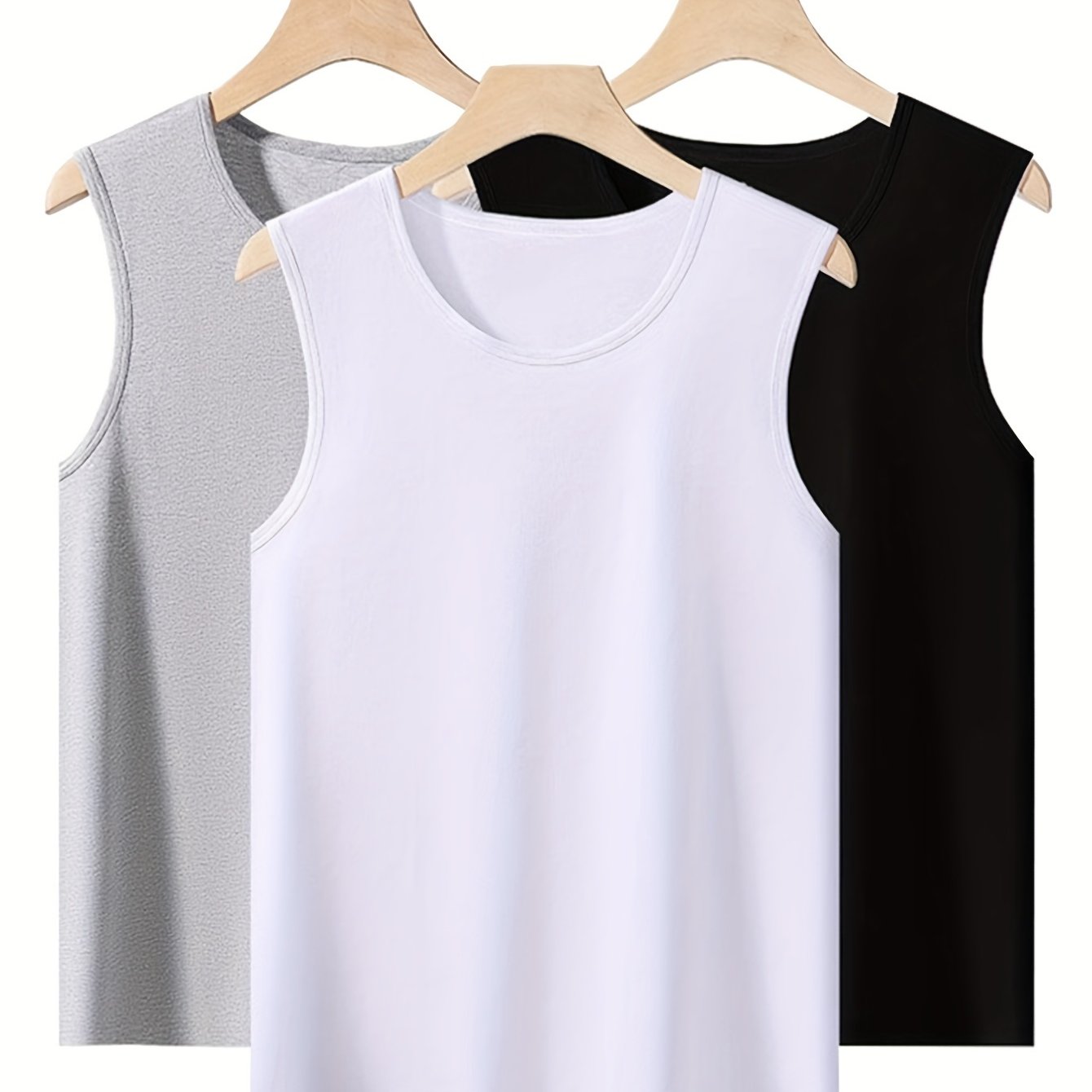 3pcs Quick Dry Men's Solid Sleeveless Sports Tank Top, Breathable Sweat-Wicking Round Neck Basic Style Fitness Gym Wear For Running Outdoor Training
