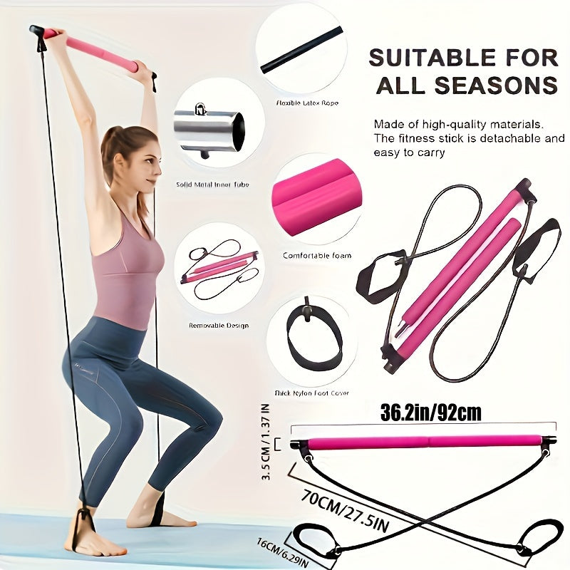 1pc Lingpeng Pilates Bar Kit with Colorful Resistance Bands - Stainless Steel Fitness Equipment for Men & Women, Ideal for Home Gym, Yoga, Squats & Full Body Shaping - Lightweight, Easy to Assemble & Carry, Gym Accessories