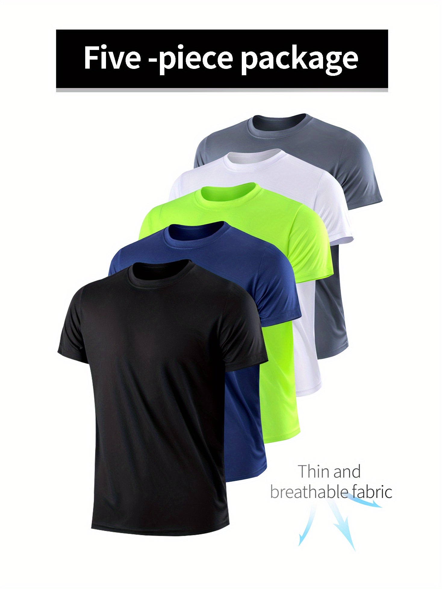 5-Piece Set: Mens Solid Quick-Dry Moisture-Wicking T-Shirt - Lightweight & Ventilated, Short Sleeve Round Neck, Perfect for Gym Fitness & Training - Comfortable Fit for Spring & Summer