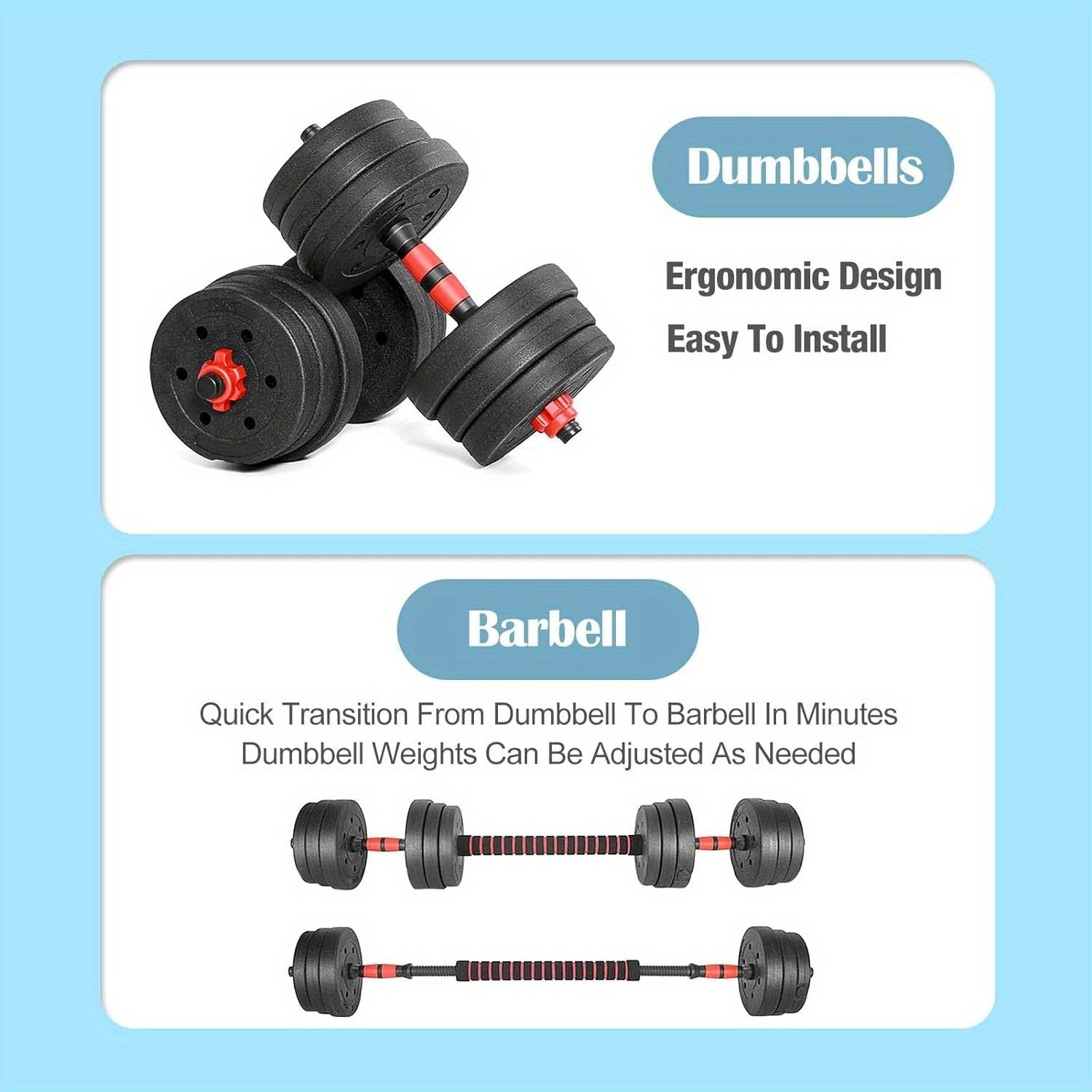 20kg/44 Adjustable Dumbbell & Barbell Set with 4 Weight Plates (2kg/1.5kg/1.25kg) - Heavy-Duty PE Weight Plates & Cement-Filled Barbell, Convertible Gym Equipment for Home/Outdoor Training, Compatible with Men & Women's Stren