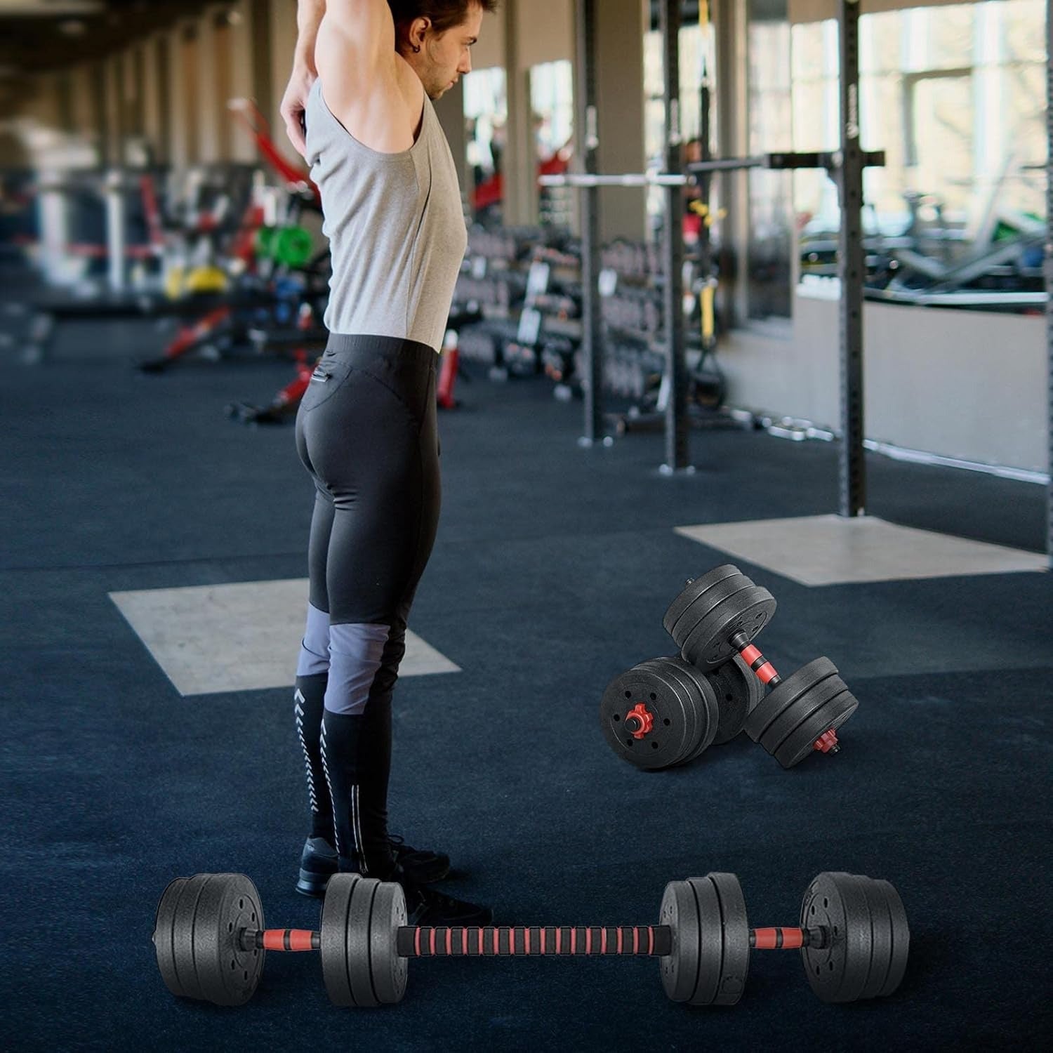 20kg/44 Adjustable Dumbbell & Barbell Set with 4 Weight Plates (2kg/1.5kg/1.25kg) - Heavy-Duty PE Weight Plates & Cement-Filled Barbell, Convertible Gym Equipment for Home/Outdoor Training, Compatible with Men & Women's Stren