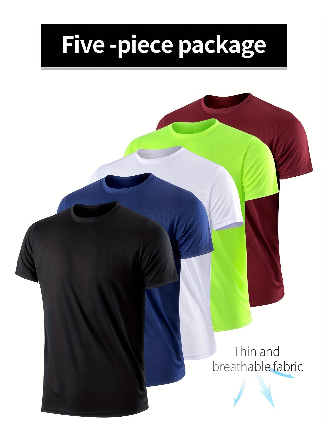 5-Piece Set: Mens Solid Quick-Dry Moisture-Wicking T-Shirt - Lightweight & Ventilated, Short Sleeve Round Neck, Perfect for Gym Fitness & Training - Comfortable Fit for Spring & Summer