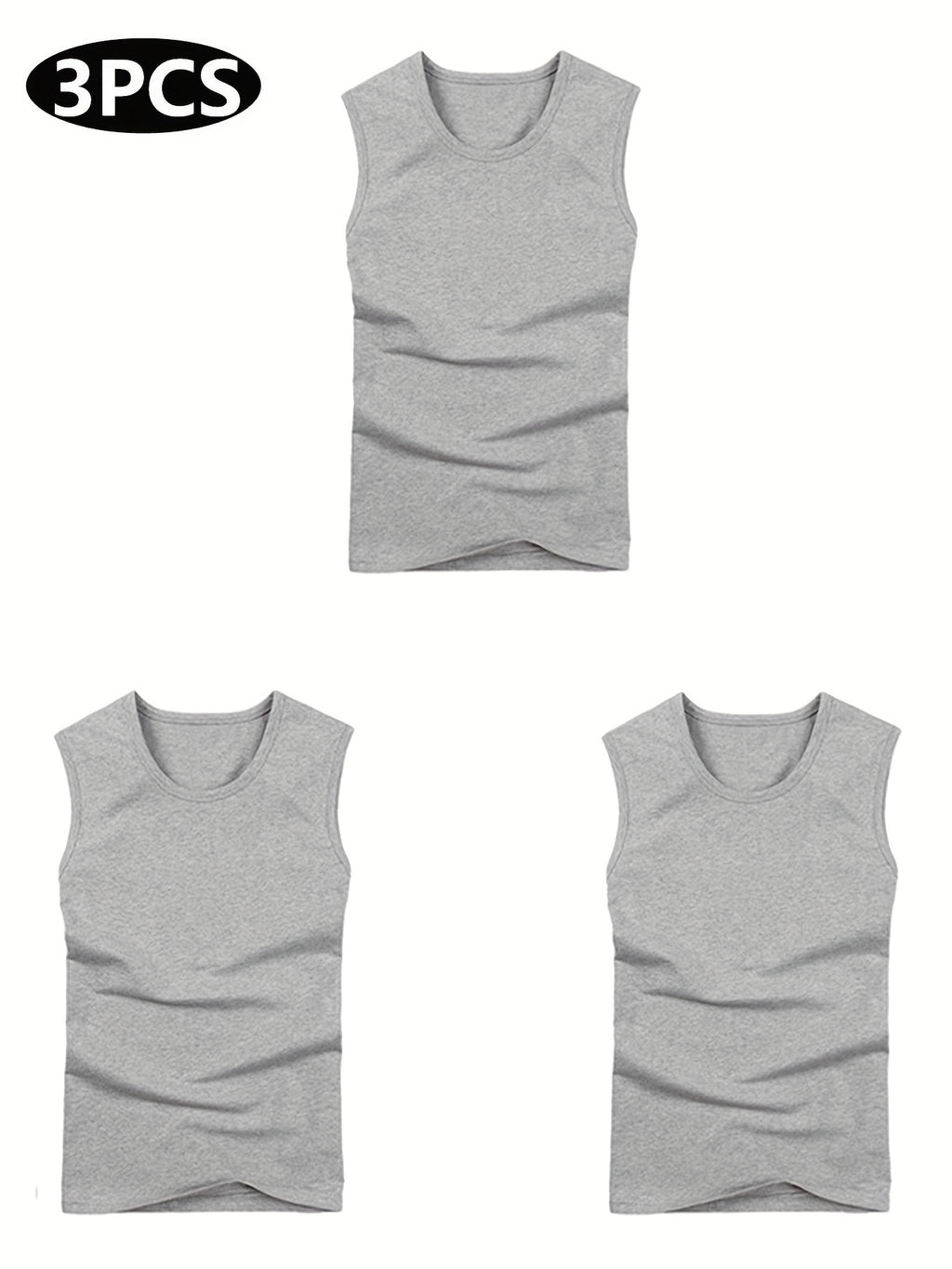 3pcs Quick Dry Men's Solid Sleeveless Sports Tank Top, Breathable Sweat-Wicking Round Neck Basic Style Fitness Gym Wear For Running Outdoor Training
