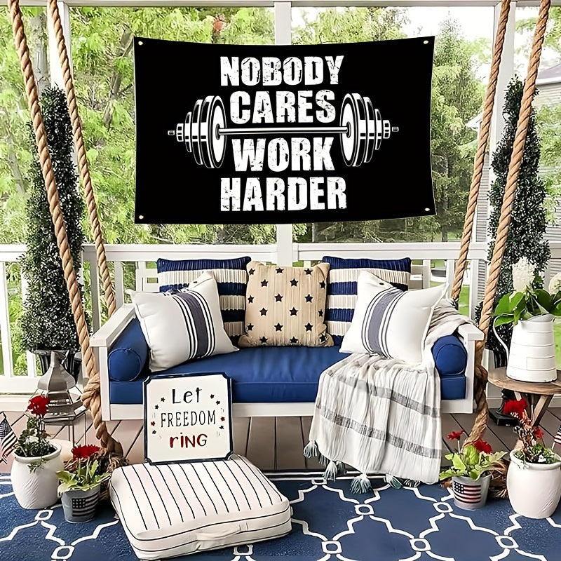 1pc Motivational Fitness Banner 'Nobody Cares Work Harder' - 91.44x152.4 cm Inspirational Wall Flag for Home Gym, Dorm, Bedroom, Office - Durable Polyester, Universal Celebratory Decor, No Electricity Required