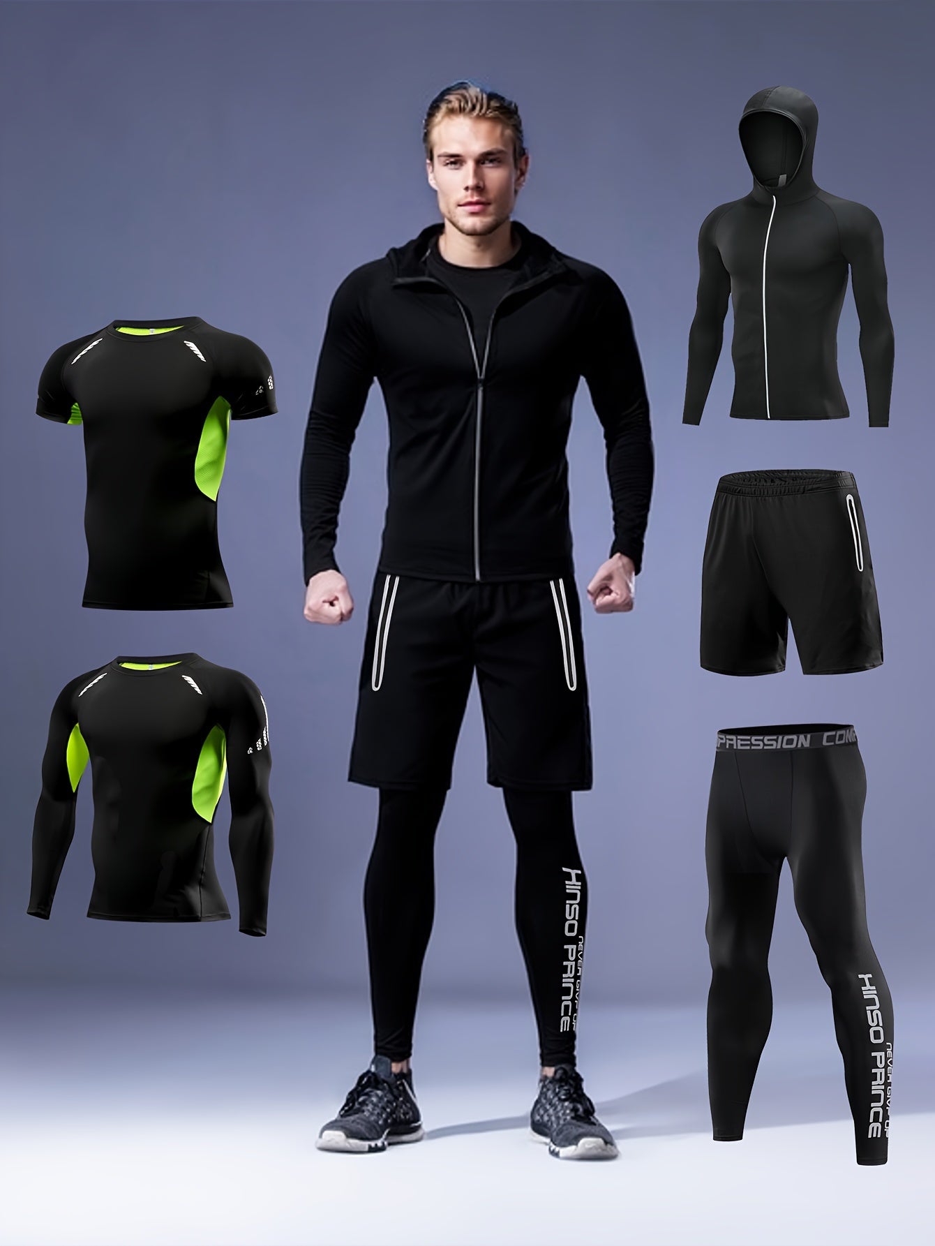 5pcs Men'S Athletic Sportswear Set, Polyester Knit Fabric, Skinny Fit, Zipper Detail, Hooded Jacket, Long & Short Sleeve Tops, Tight Pants & Shorts, Breathable Quick-Dry for Running, Basketball, Gym, Four Seasons - High Stret