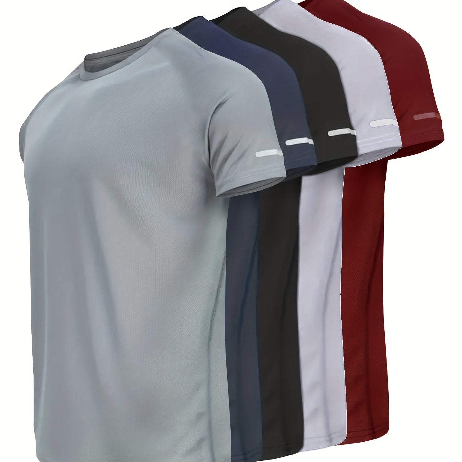 5pcs Printed Men's Quick-Dry Sports T-Shirts with Reflective Strips, Breathable and Quick-Dry Short Sleeve Crew Neck T-Shirts, Moisture-Wicking Tops for Gym, Fitness, and Running, Gym Wear, Activewear, Sporty Style, Reflectiv