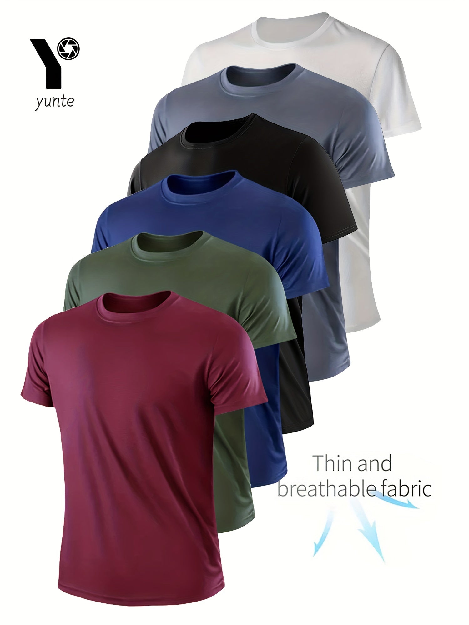 6pcs Men's Quick-Dry Athletic T-Shirts - Breathable, Moisture-Wicking Crew Neck Tees in Burgundy, Army Green, Navy, Black, Gray, White - Perfect for Gym, Running & Training