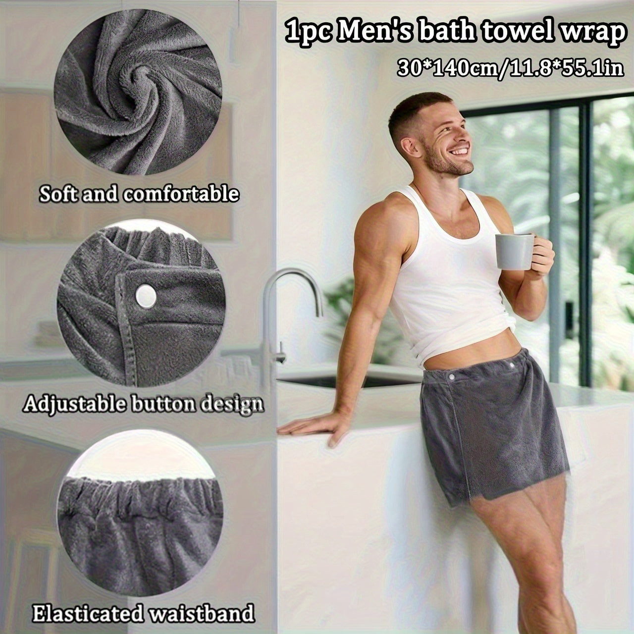1pc Men's Soft Wearable Bath Towel, Solid Color Shorts, Microfiber Bath Towel, Wrap Towel, Gym Spa Bath Swim Bath Towel, Vacation Beach Bath Towel, Camping Towel, Bathroom Bath Supplies Christmas Gift