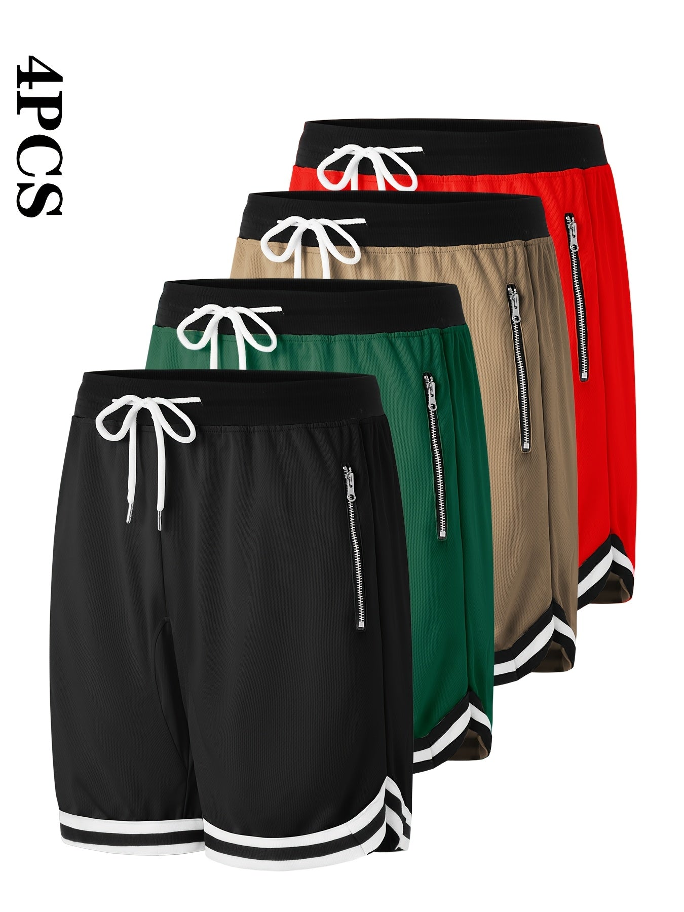 4pcs Men's Casual Athletic Shorts with Zipper Pockets - Breathable Polyester, Elastic Waistband, Multi-Color Basketball & Sports Wear, Machine Washable
