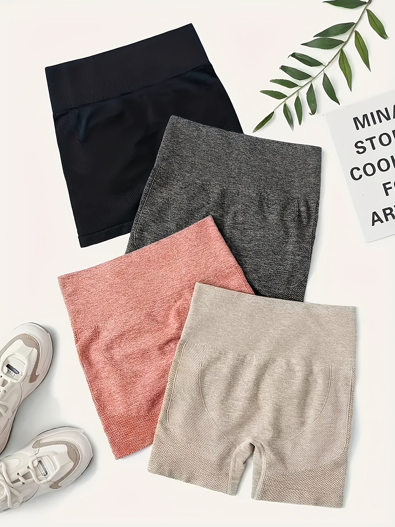 4pcs Women'S High-Waisted Yoga Shorts - Tummy Control Butt-Lifting Breathable Quick-Dry Workout Shorts in Black/Grey/Pink/Beige - High-Elasticity Fitness Running Shorts, Suitable for Yoga and Gym Wear | Seamless Design | High