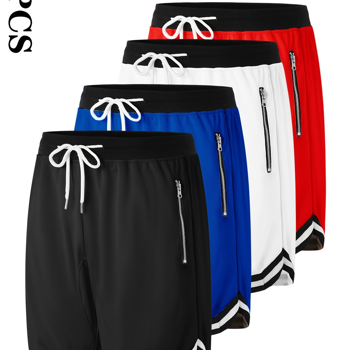 4pcs Men's Casual Athletic Shorts with Zipper Pockets - Breathable Polyester, Elastic Waistband, Multi-Color Basketball & Sports Wear, Machine Washable