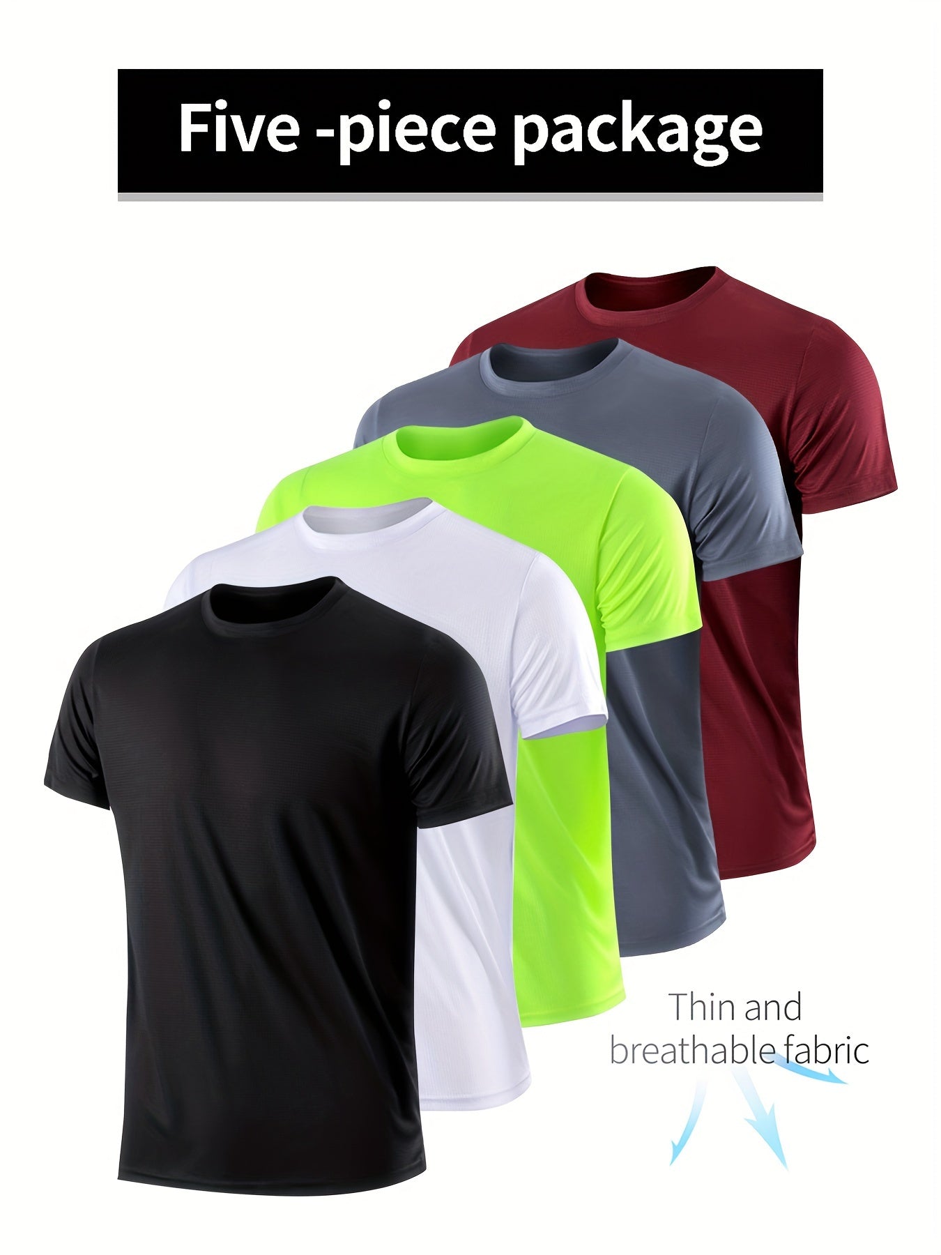 5-Piece Set: Mens Solid Quick-Dry Moisture-Wicking T-Shirt - Lightweight & Ventilated, Short Sleeve Round Neck, Perfect for Gym Fitness & Training - Comfortable Fit for Spring & Summer