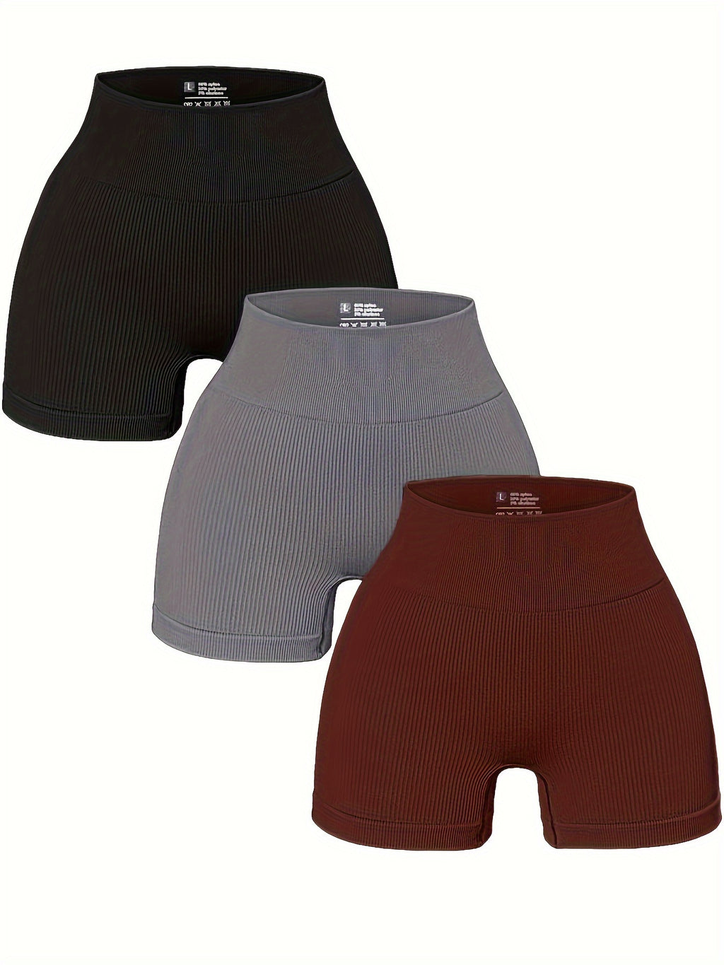 3pcs Women's High-Waisted Yoga Shorts - Seamless Athletic Gym Leggings with Ribbed Detailing, High-Stretch Non-See-Through Fabric, All-Season Workout & Casual Wear (Black/Grey/Maroon), Fitness Apparel | Minimalist Sporty Styl