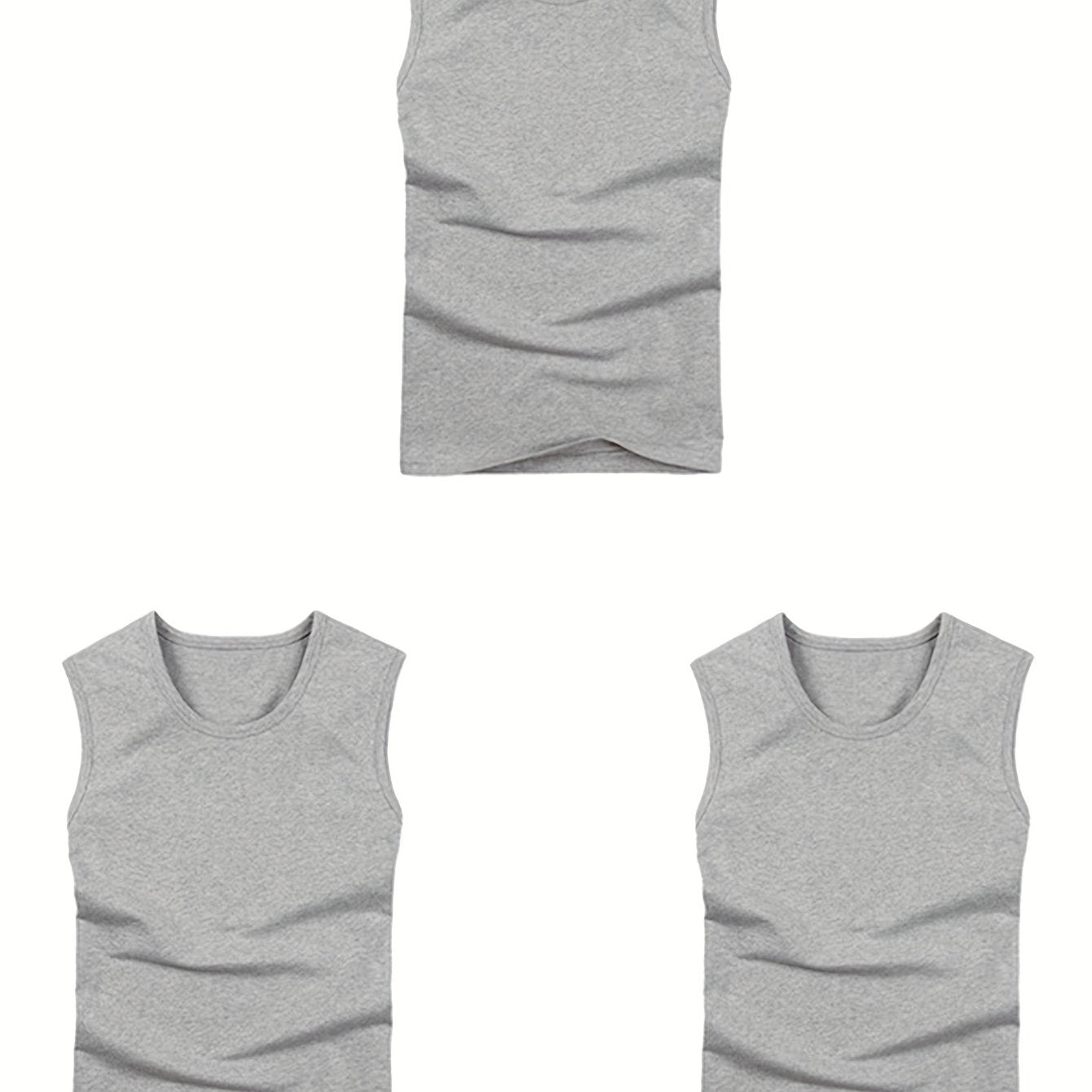 3pcs Quick Dry Men's Solid Sleeveless Sports Tank Top, Breathable Sweat-Wicking Round Neck Basic Style Fitness Gym Wear For Running Outdoor Training