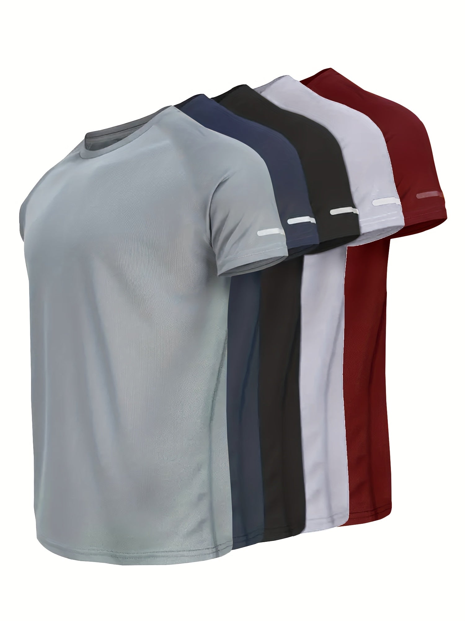 5pcs Printed Men's Quick-Dry Sports T-Shirts with Reflective Strips, Breathable and Quick-Dry Short Sleeve Crew Neck T-Shirts, Moisture-Wicking Tops for Gym, Fitness, and Running, Gym Wear, Activewear, Sporty Style, Reflectiv