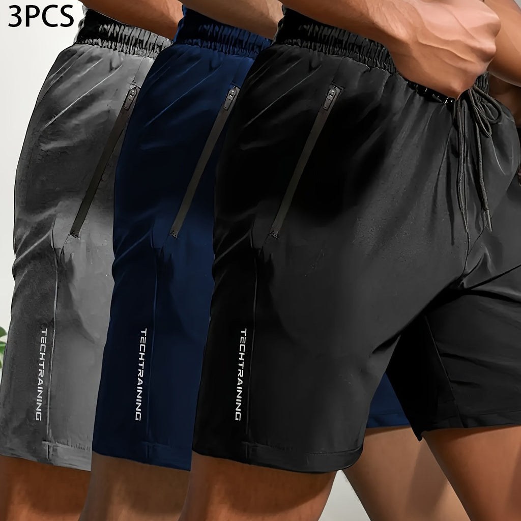 3pcs Men's Athletic Shorts - Quick-Dry, Breathable & Sweat-Wicking Polyester for Gym, Cycling, Hiking & Swimming - Stretchy with Zipper Pockets, Machine Washable in Black, Blue, White
