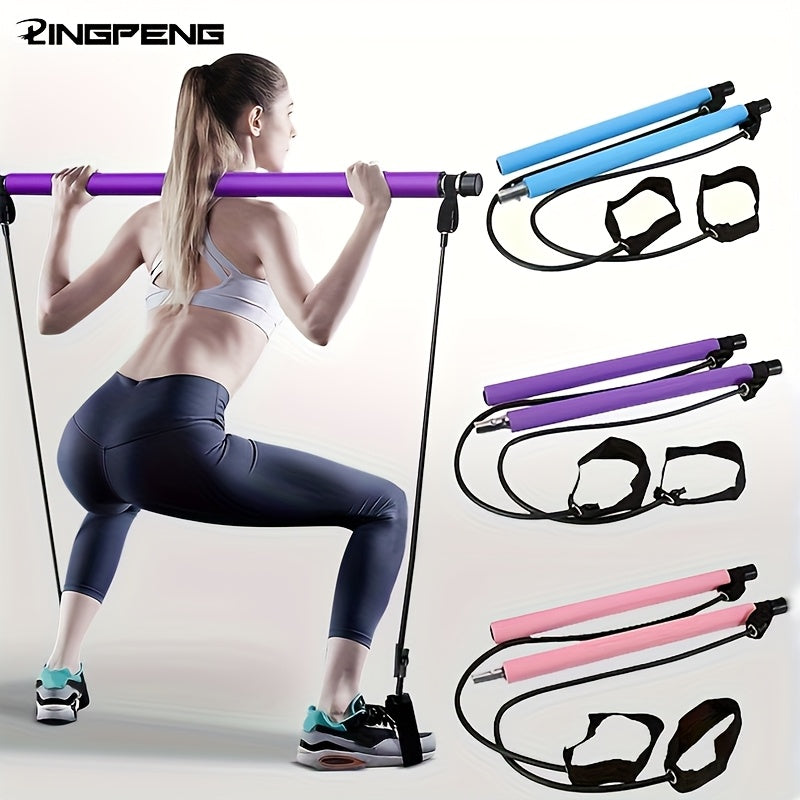 1pc Lingpeng Pilates Bar Kit with Colorful Resistance Bands - Stainless Steel Fitness Equipment for Men & Women, Ideal for Home Gym, Yoga, Squats & Full Body Shaping - Lightweight, Easy to Assemble & Carry, Gym Accessories