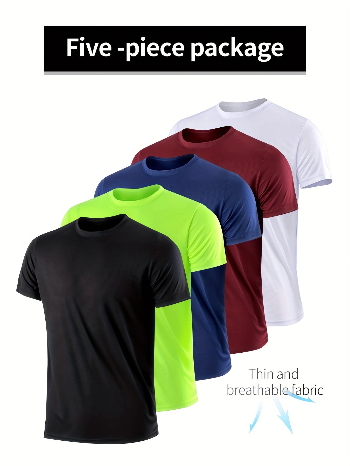 5-Piece Set: Mens Solid Quick-Dry Moisture-Wicking T-Shirt - Lightweight & Ventilated, Short Sleeve Round Neck, Perfect for Gym Fitness & Training - Comfortable Fit for Spring & Summer