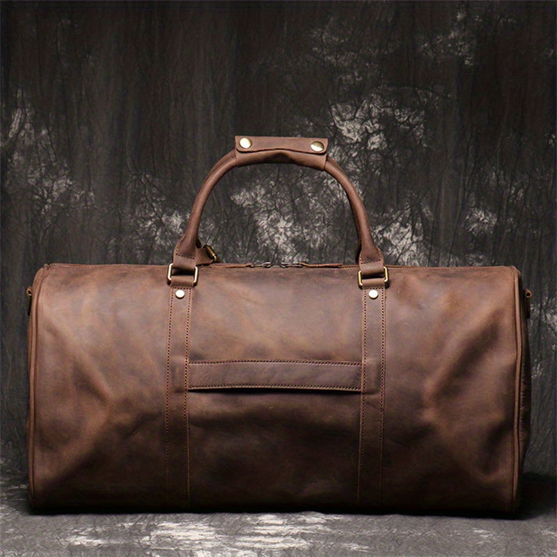 1pc Men's Genuine Leather Travel Bag, Top Layer Cowhide Crossbody Bag, Large Capacity Duffle Bag, Vintage Hand-held Gym Bag, Christmas, Halloween, Thanksgiving Day Gift