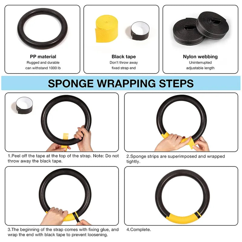 1Pair Gymnastic Rings 1000lbs Capacity with 1/2M Adjustable Buckle Straps Pull Up Exercise Rings Non-Slip Rings for Home Fitness