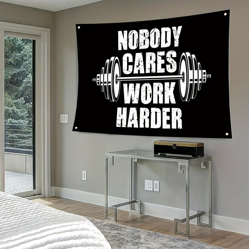 1pc Motivational Fitness Banner 'Nobody Cares Work Harder' - 91.44x152.4 cm Inspirational Wall Flag for Home Gym, Dorm, Bedroom, Office - Durable Polyester, Universal Celebratory Decor, No Electricity Required