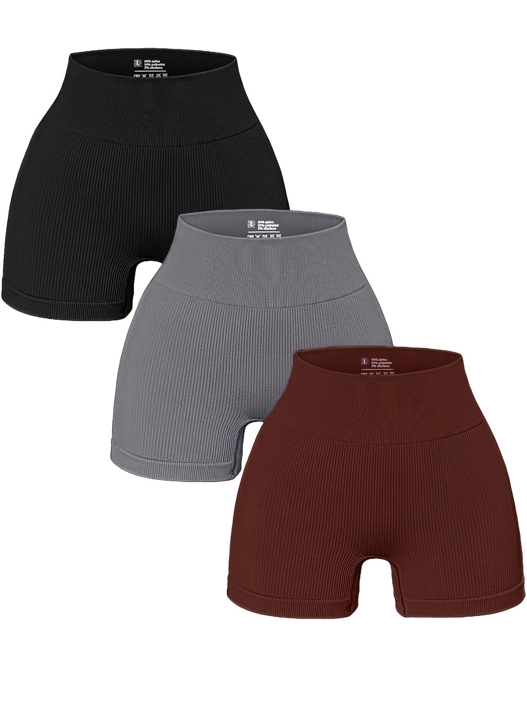 3pcs Women's High-Waisted Yoga Shorts - Seamless Athletic Gym Leggings with Ribbed Detailing, High-Stretch Non-See-Through Fabric, All-Season Workout & Casual Wear (Black/Grey/Maroon), Fitness Apparel | Minimalist Sporty Styl