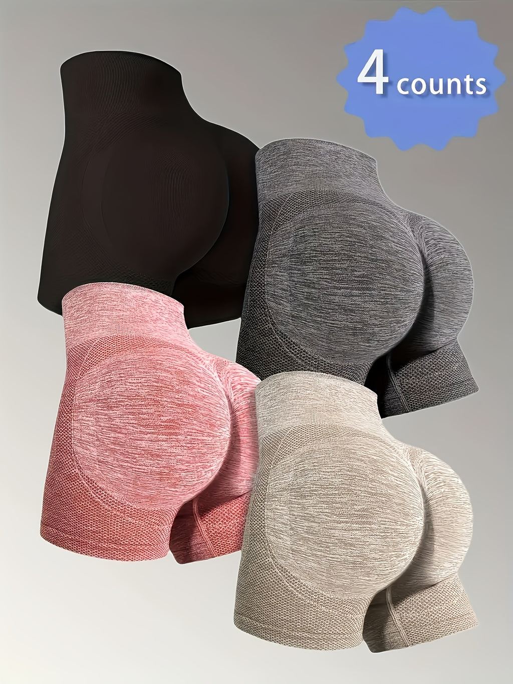 4pcs Women'S High-Waisted Yoga Shorts - Tummy Control Butt-Lifting Breathable Quick-Dry Workout Shorts in Black/Grey/Pink/Beige - High-Elasticity Fitness Running Shorts, Suitable for Yoga and Gym Wear | Seamless Design | High