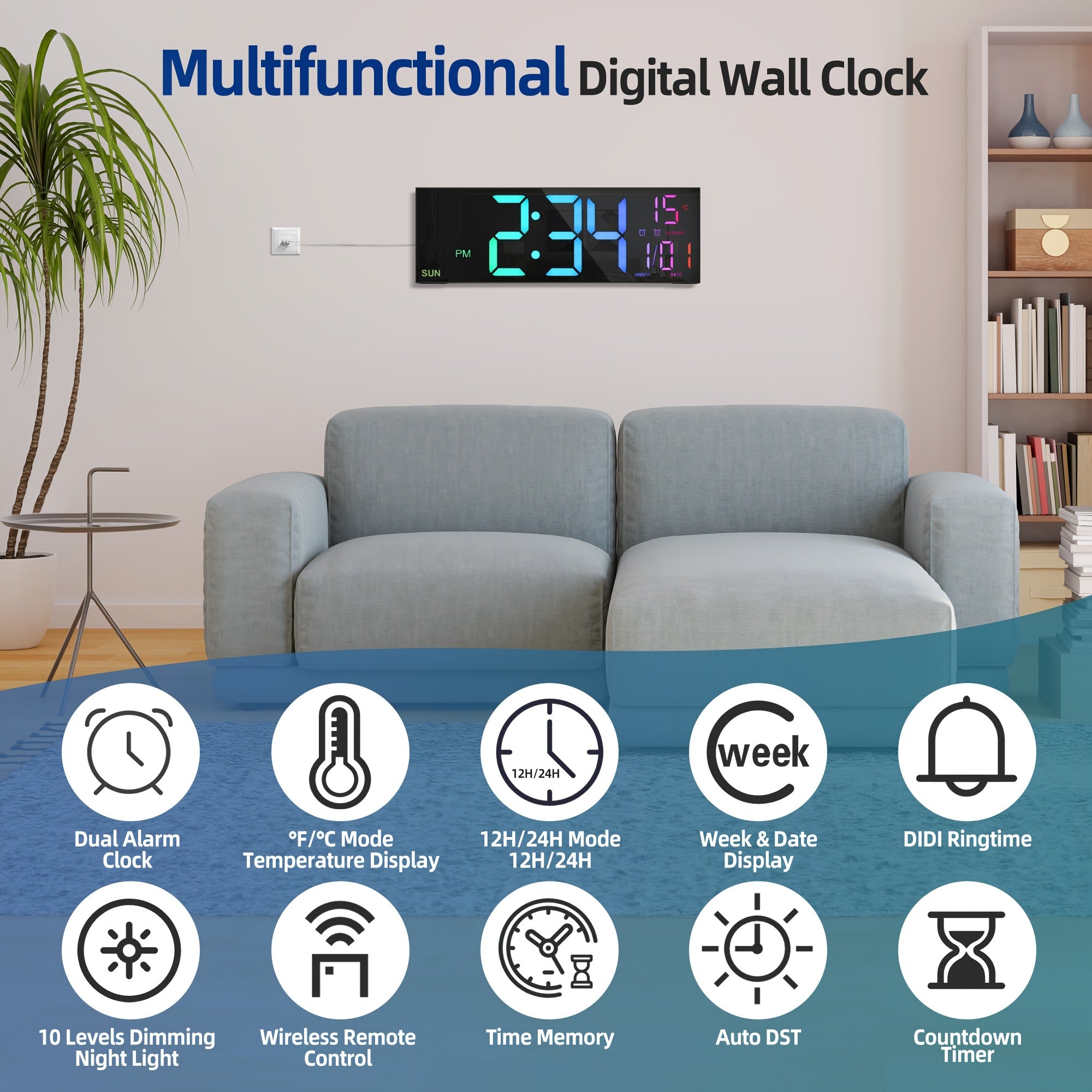 16.5'' Large Digital Wall Clock With Remote Control, Big LED/Dual Alarm/8 RGB Colors/Auto Brightness/Date/Auto DST/Temperature/Night Light Gym Clocks For Living Room Bedroom Office Wall Decor