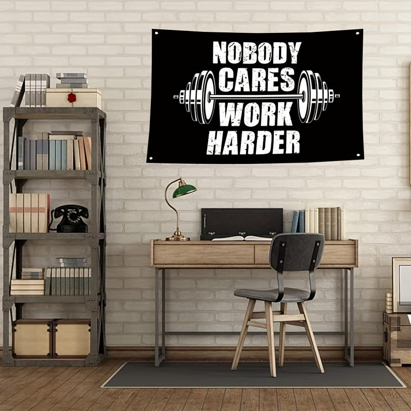 1pc Motivational Fitness Banner 'Nobody Cares Work Harder' - 91.44x152.4 cm Inspirational Wall Flag for Home Gym, Dorm, Bedroom, Office - Durable Polyester, Universal Celebratory Decor, No Electricity Required