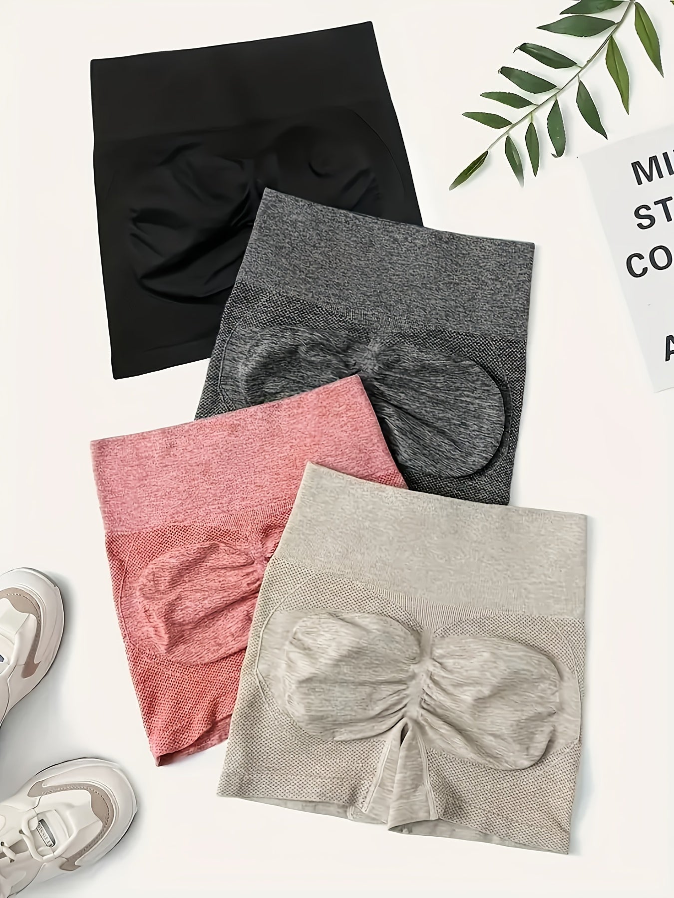 4pcs Women'S High-Waisted Yoga Shorts - Tummy Control Butt-Lifting Breathable Quick-Dry Workout Shorts in Black/Grey/Pink/Beige - High-Elasticity Fitness Running Shorts, Suitable for Yoga and Gym Wear | Seamless Design | High