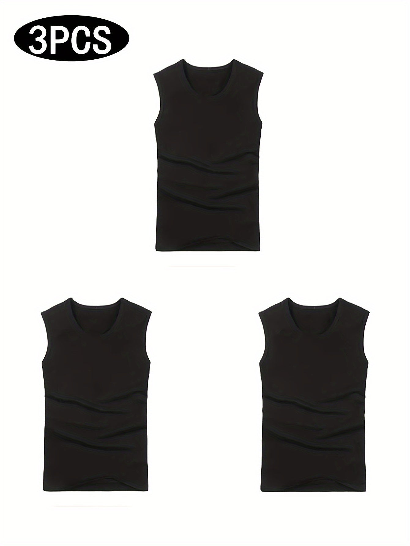 3pcs Quick Dry Men's Solid Sleeveless Sports Tank Top, Breathable Sweat-Wicking Round Neck Basic Style Fitness Gym Wear For Running Outdoor Training