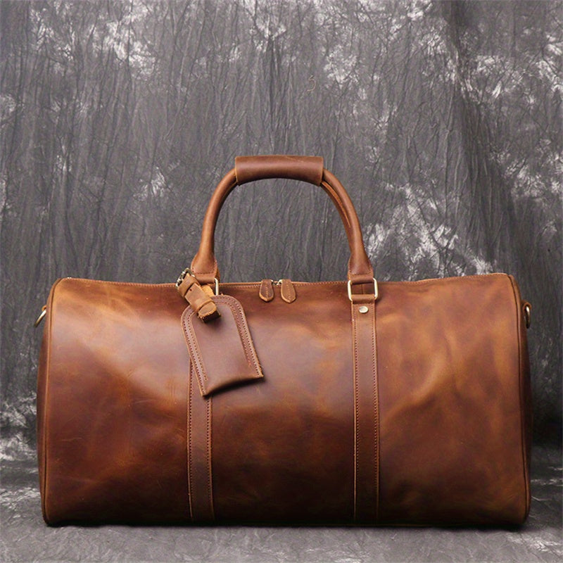 1pc Men's Genuine Leather Travel Bag, Top Layer Cowhide Crossbody Bag, Large Capacity Duffle Bag, Vintage Hand-held Gym Bag, Christmas, Halloween, Thanksgiving Day Gift