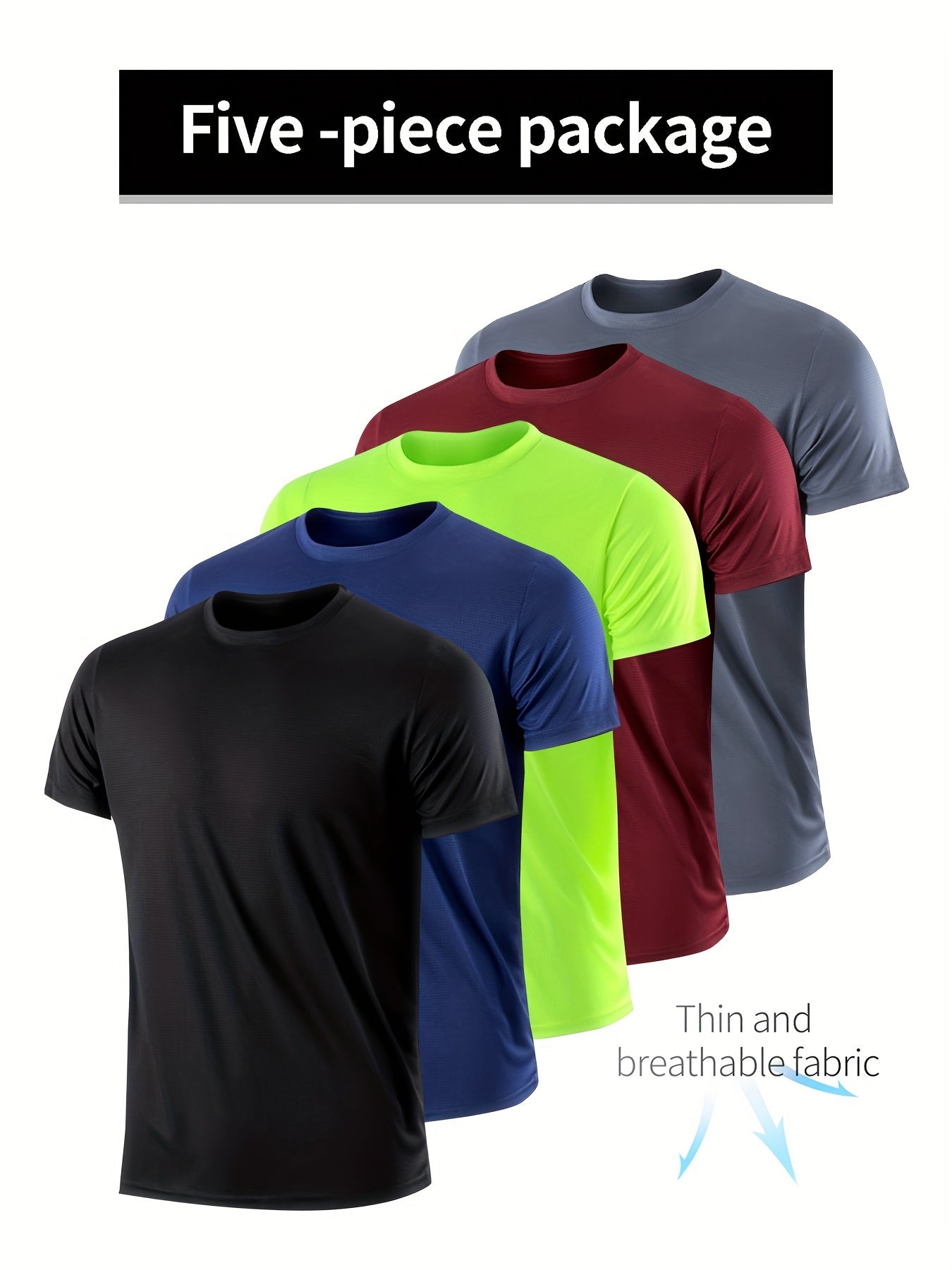 5-Piece Set: Mens Solid Quick-Dry Moisture-Wicking T-Shirt - Lightweight & Ventilated, Short Sleeve Round Neck, Perfect for Gym Fitness & Training - Comfortable Fit for Spring & Summer