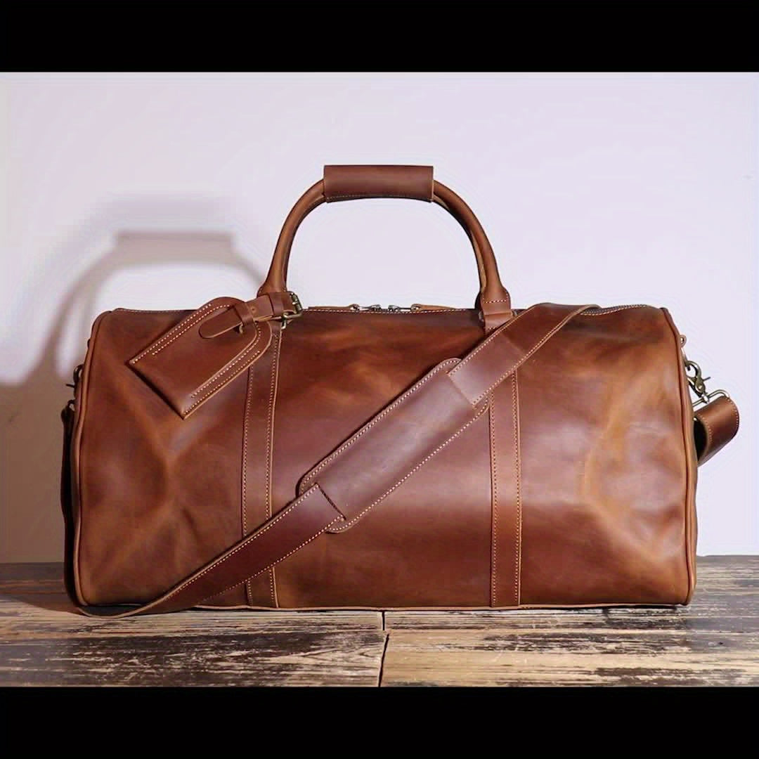 1pc Men's Genuine Leather Travel Bag, Top Layer Cowhide Crossbody Bag, Large Capacity Duffle Bag, Vintage Hand-held Gym Bag, Christmas, Halloween, Thanksgiving Day Gift
