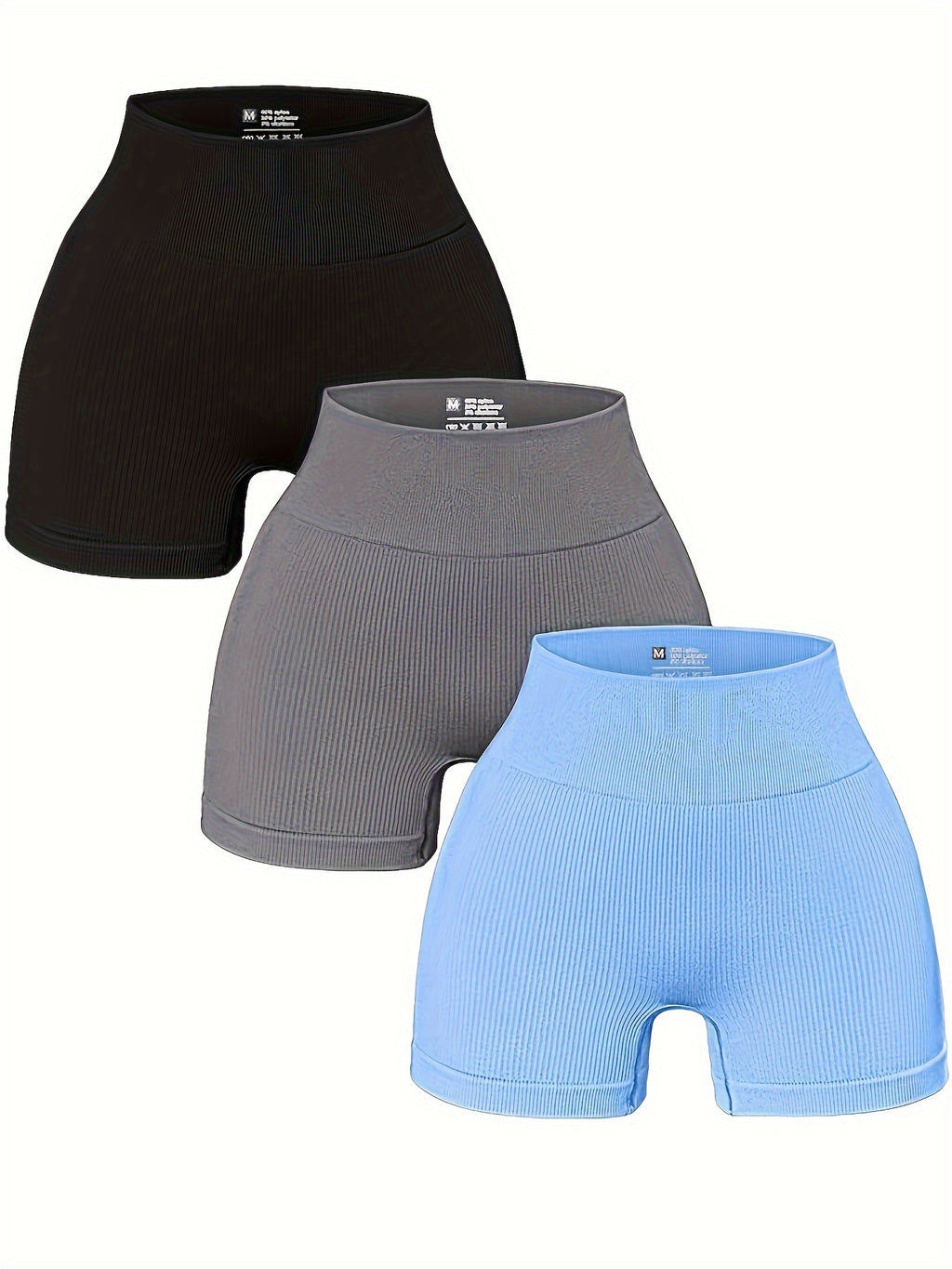 3pcs Women's High-Waisted Yoga Shorts - Seamless Athletic Gym Leggings with Ribbed Detailing, High-Stretch Non-See-Through Fabric, All-Season Workout & Casual Wear (Black/Grey/Maroon), Fitness Apparel | Minimalist Sporty Styl