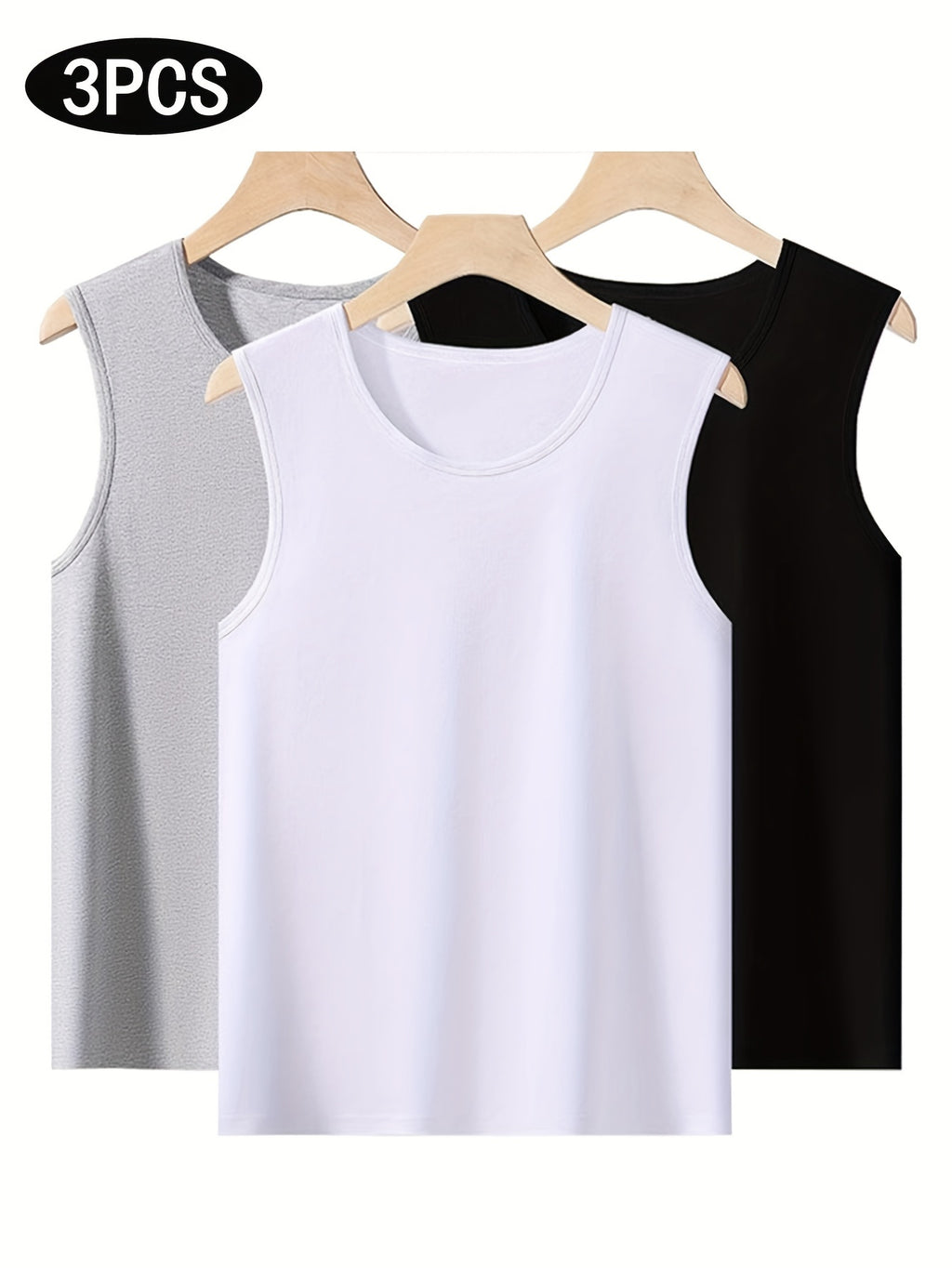 3pcs Quick Dry Men's Solid Sleeveless Sports Tank Top, Breathable Sweat-Wicking Round Neck Basic Style Fitness Gym Wear For Running Outdoor Training
