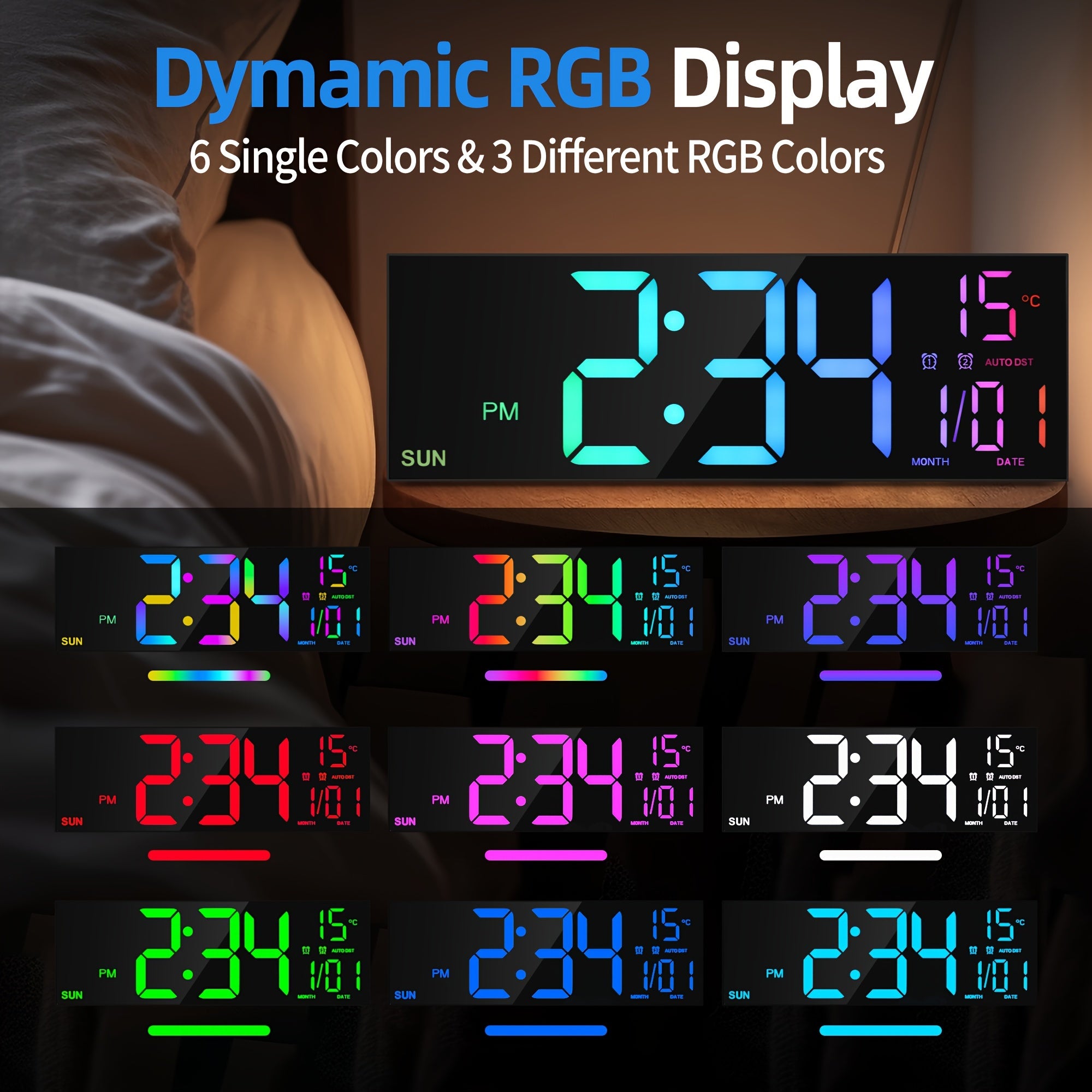 16.5'' Large Digital Wall Clock With Remote Control, Big LED/Dual Alarm/8 RGB Colors/Auto Brightness/Date/Auto DST/Temperature/Night Light Gym Clocks For Living Room Bedroom Office Wall Decor