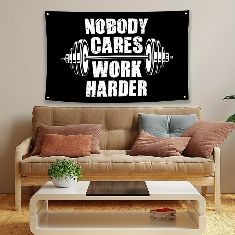 1pc Motivational Fitness Banner 'Nobody Cares Work Harder' - 91.44x152.4 cm Inspirational Wall Flag for Home Gym, Dorm, Bedroom, Office - Durable Polyester, Universal Celebratory Decor, No Electricity Required