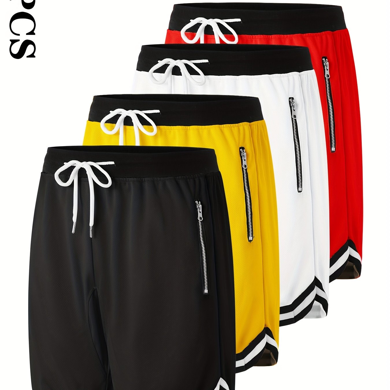 4pcs Men's Casual Athletic Shorts with Zipper Pockets - Breathable Polyester, Elastic Waistband, Multi-Color Basketball & Sports Wear, Machine Washable