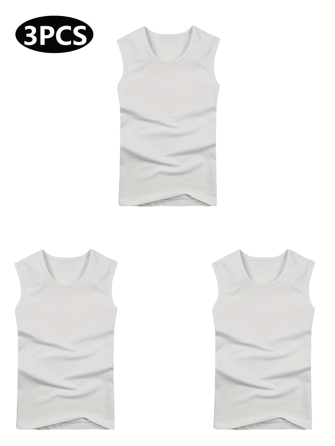 3pcs Quick Dry Men's Solid Sleeveless Sports Tank Top, Breathable Sweat-Wicking Round Neck Basic Style Fitness Gym Wear For Running Outdoor Training