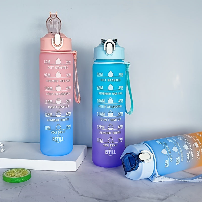 1pc 750ml/25.36oz Gradient Color Water Bottle With Time Marker, Flip Top Straw Drinking Cup, With Carrying Strap, Suitable For Fitness, Gym, School, Yoga, Hiking, Sports